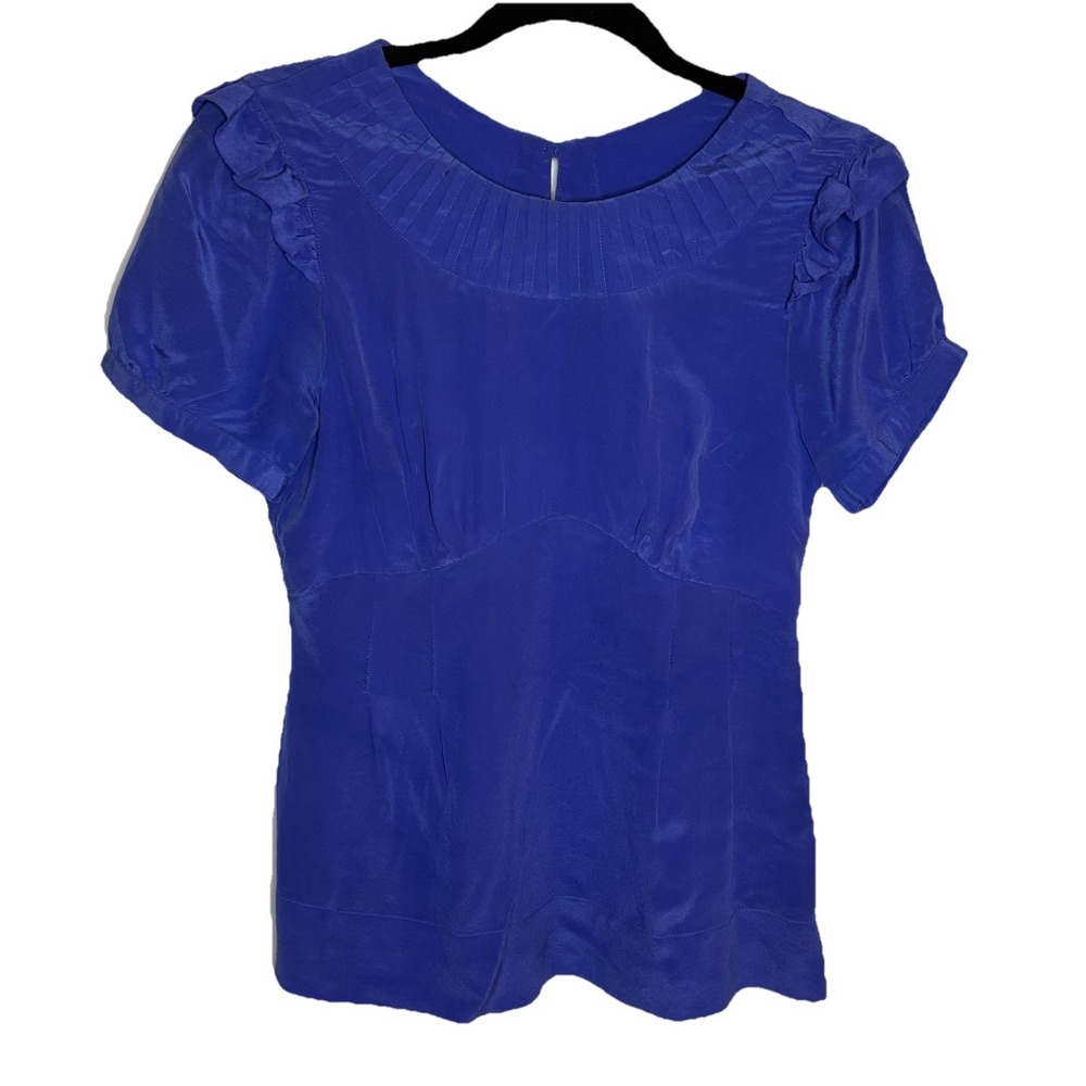 Y2K Forever 21 Silk Blouse Womens M Blue/Purple Cage Back Ruffle 2000s